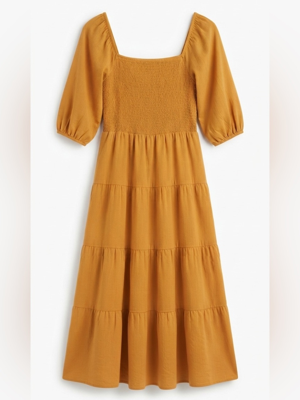 J GEE Tiered Midi Dress Women M Ochre Smocked Boho Cottagecore Casual Fall